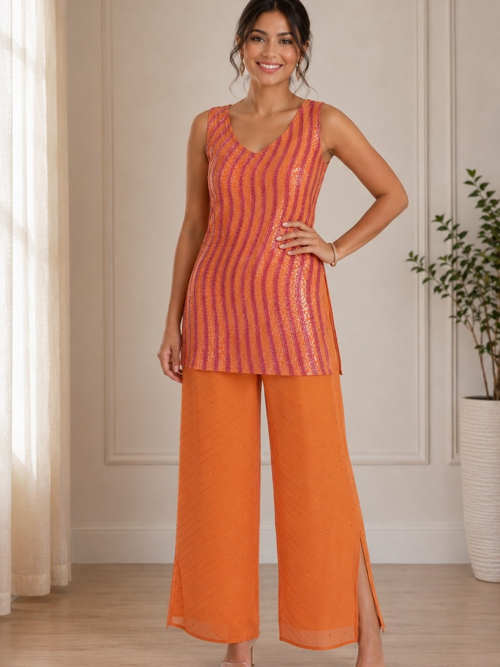 Sleeveless Orange Sequin Tunic & Wide-Leg Pant Set